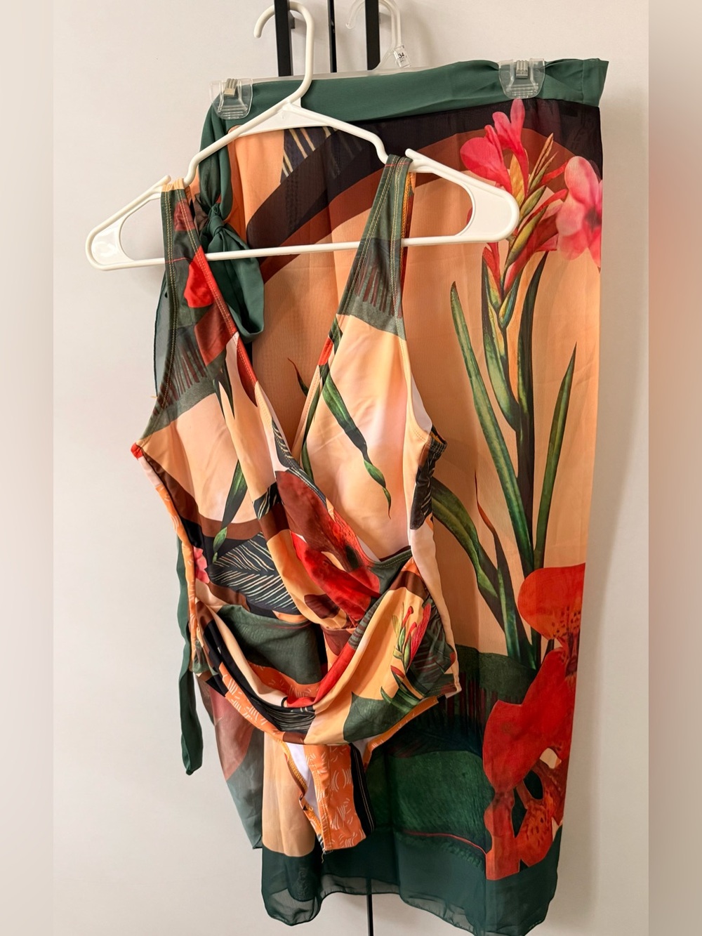Floral Green & Peach Sleeveless bathing suit with Wrap cover up.